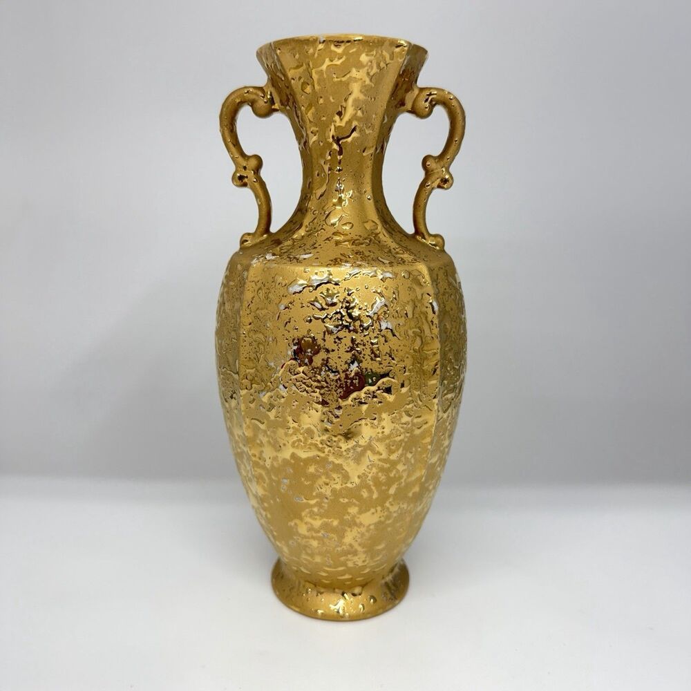 Vtg 1970 Handmade Textured Gold Ceramic Vase Double Handle MCM 10” Signed